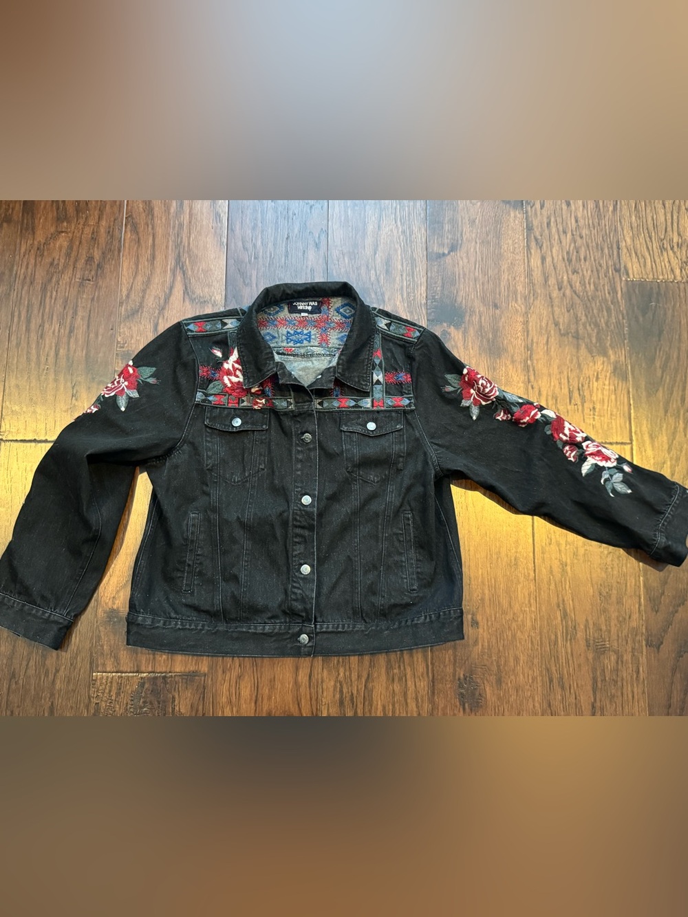 Johnny Was Workshop black denim jacket - Floral and Geometric embroidery, XL